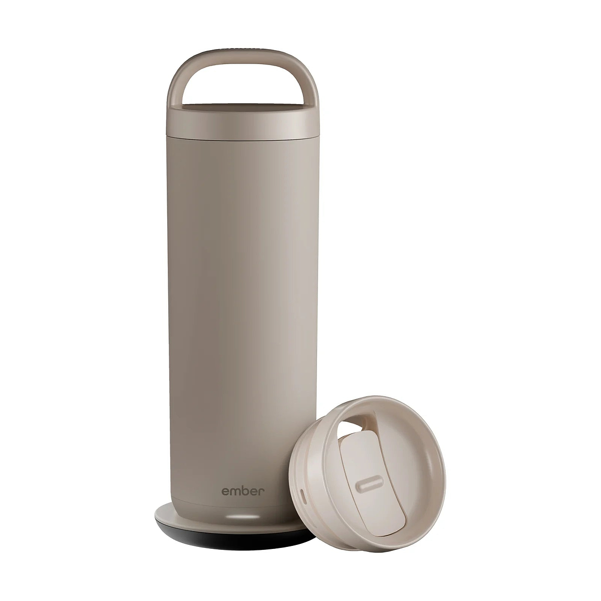 Sandstone Tumbler 2 with handle lid, sipping lid, and charging coaster