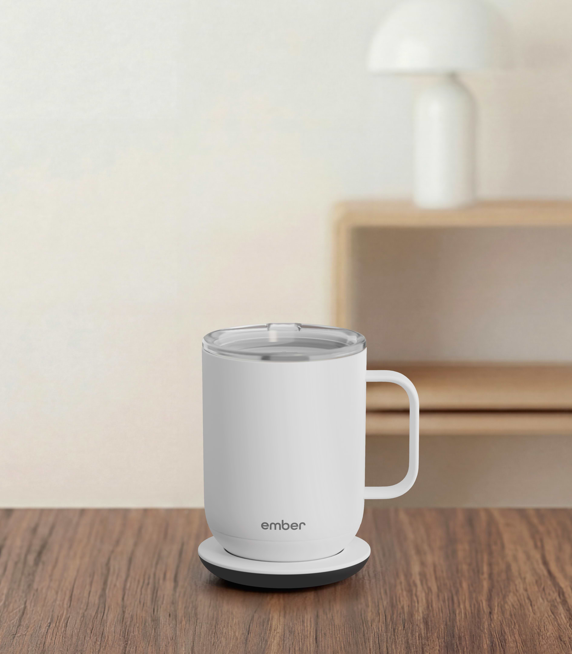 Ember Mug 3 in White, 10 oz, on a desk