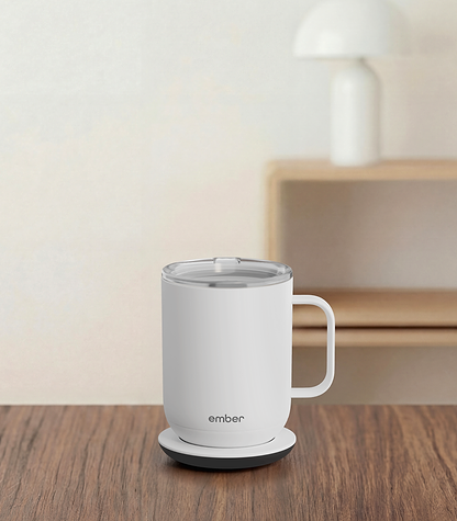 Ember Mug 3 in White, 10 oz, on a desk