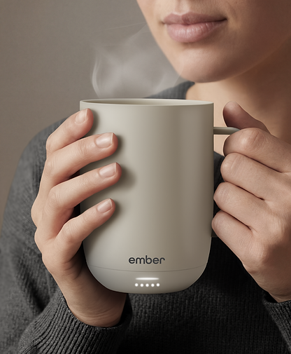Ember Mug 3 in Sandstone, 14 oz, held in hands