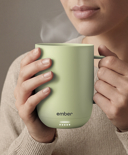 Ember Mug 3 in Matcha Green, 14 oz, held in hands