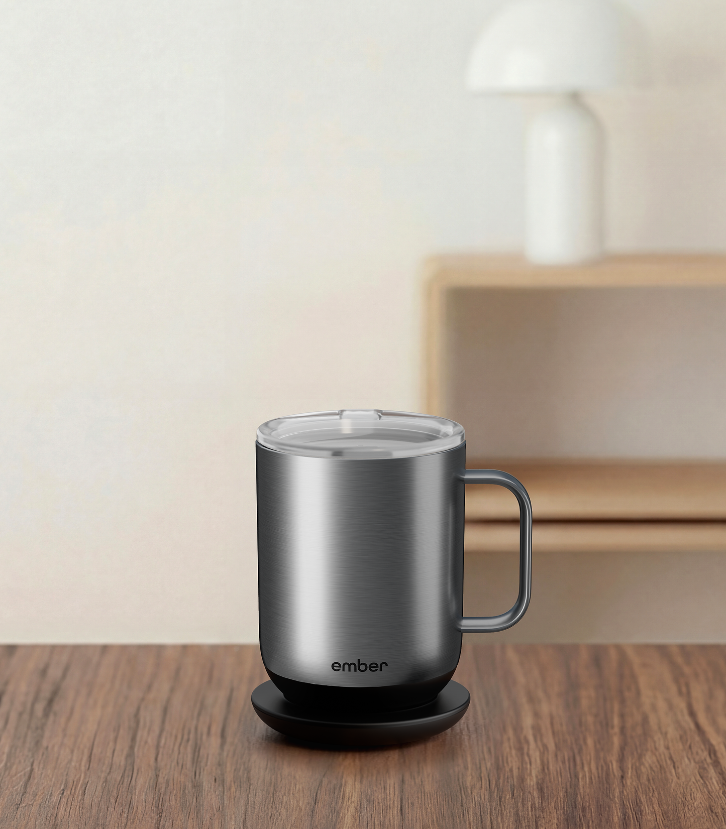 Ember Mug 3 in Stainless Steel Edition, 10 oz, on a desk