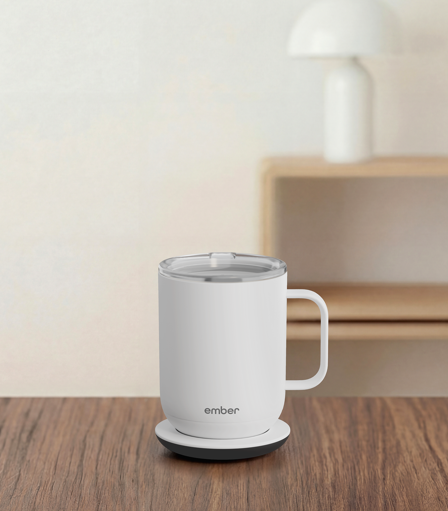 Ember Mug 3 in White, 10 oz, on a desk
