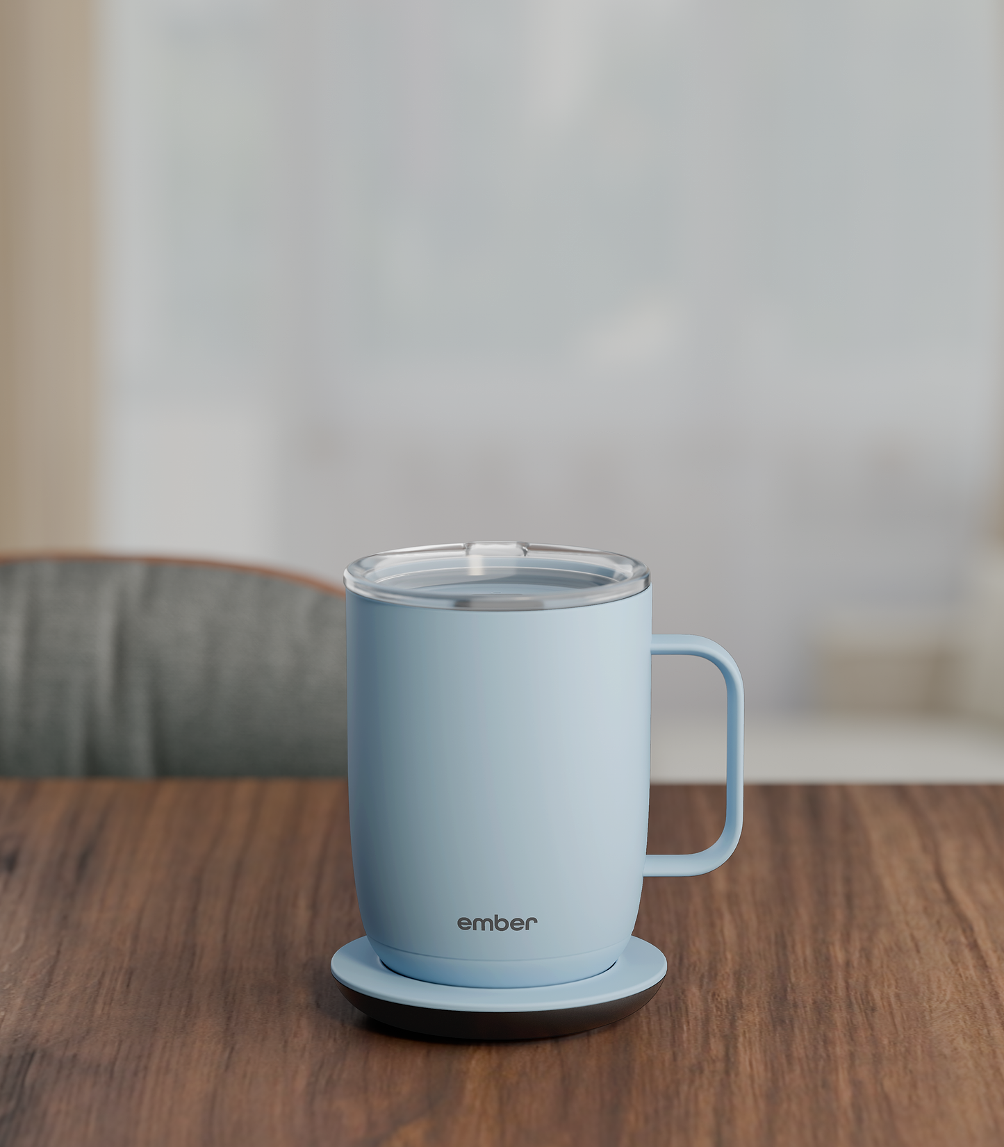 Ember Mug 3 in Powder Blue, 14 oz, on a desk