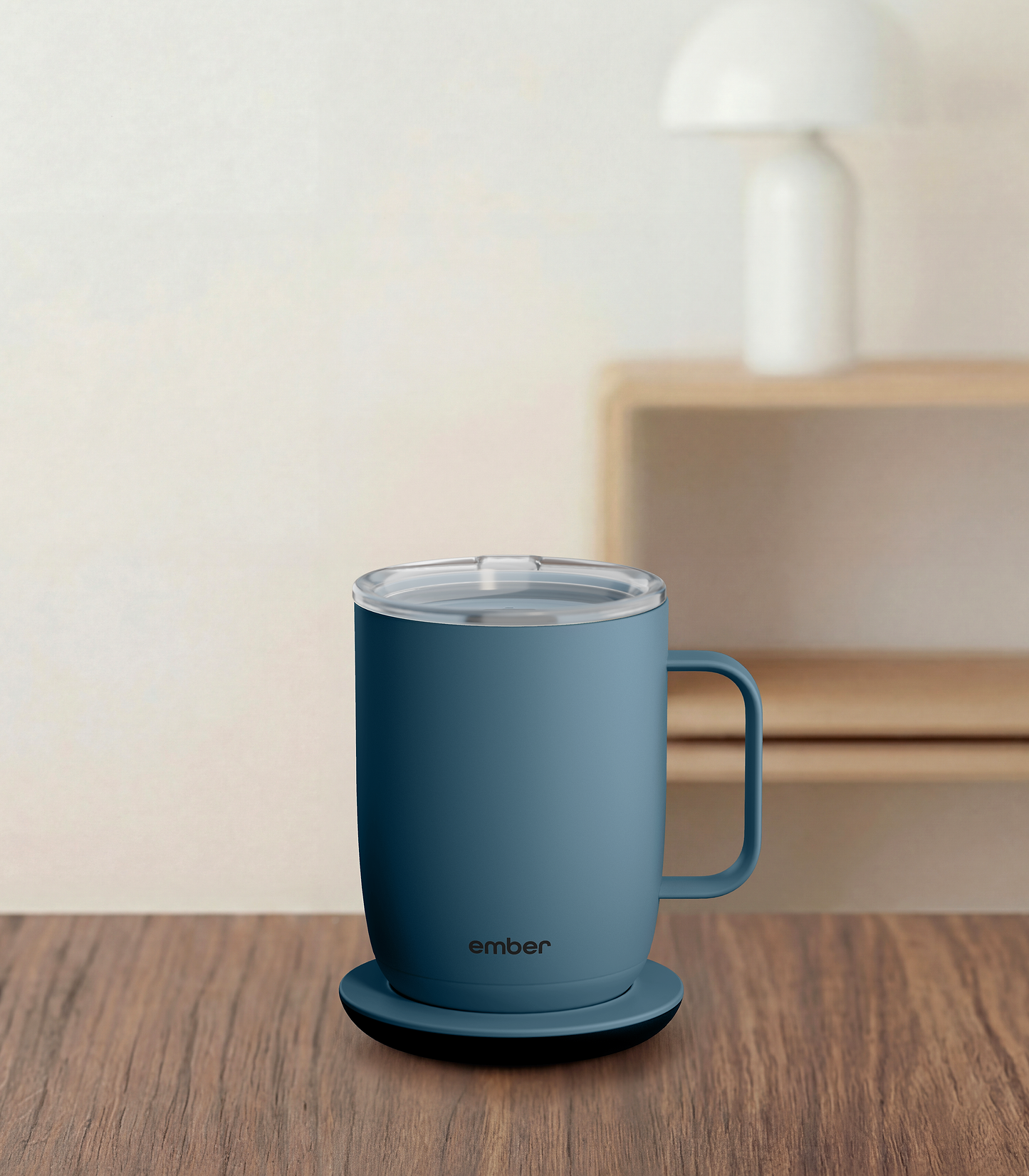 Ember Mug 3 in Salt Blue, 14 oz, on a desk