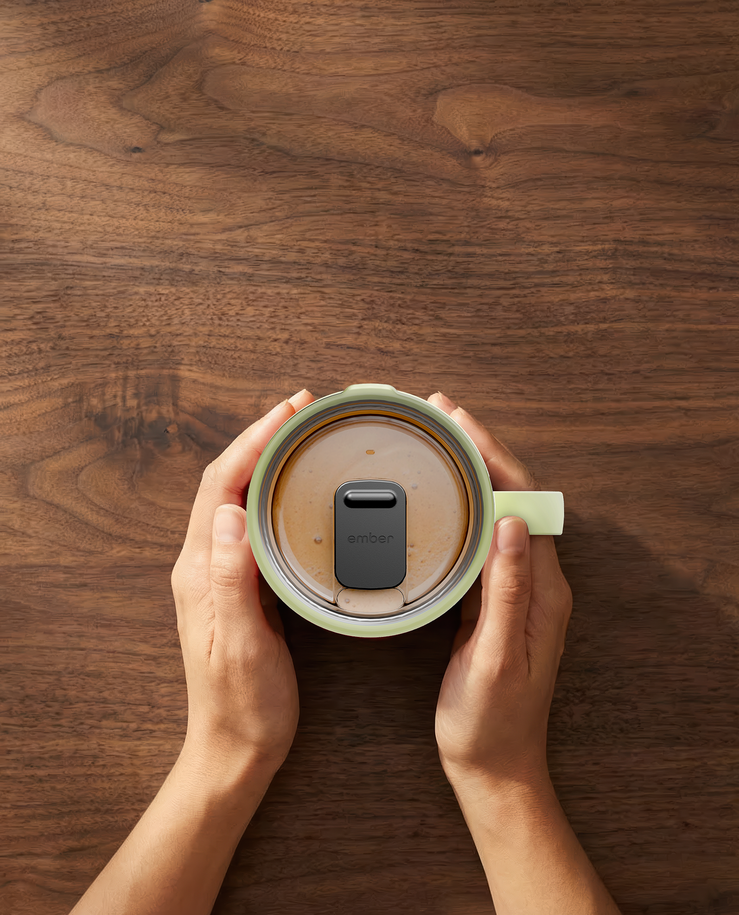 Ember Mug 3 in Matcha Green, 14 oz, top-down with coffee