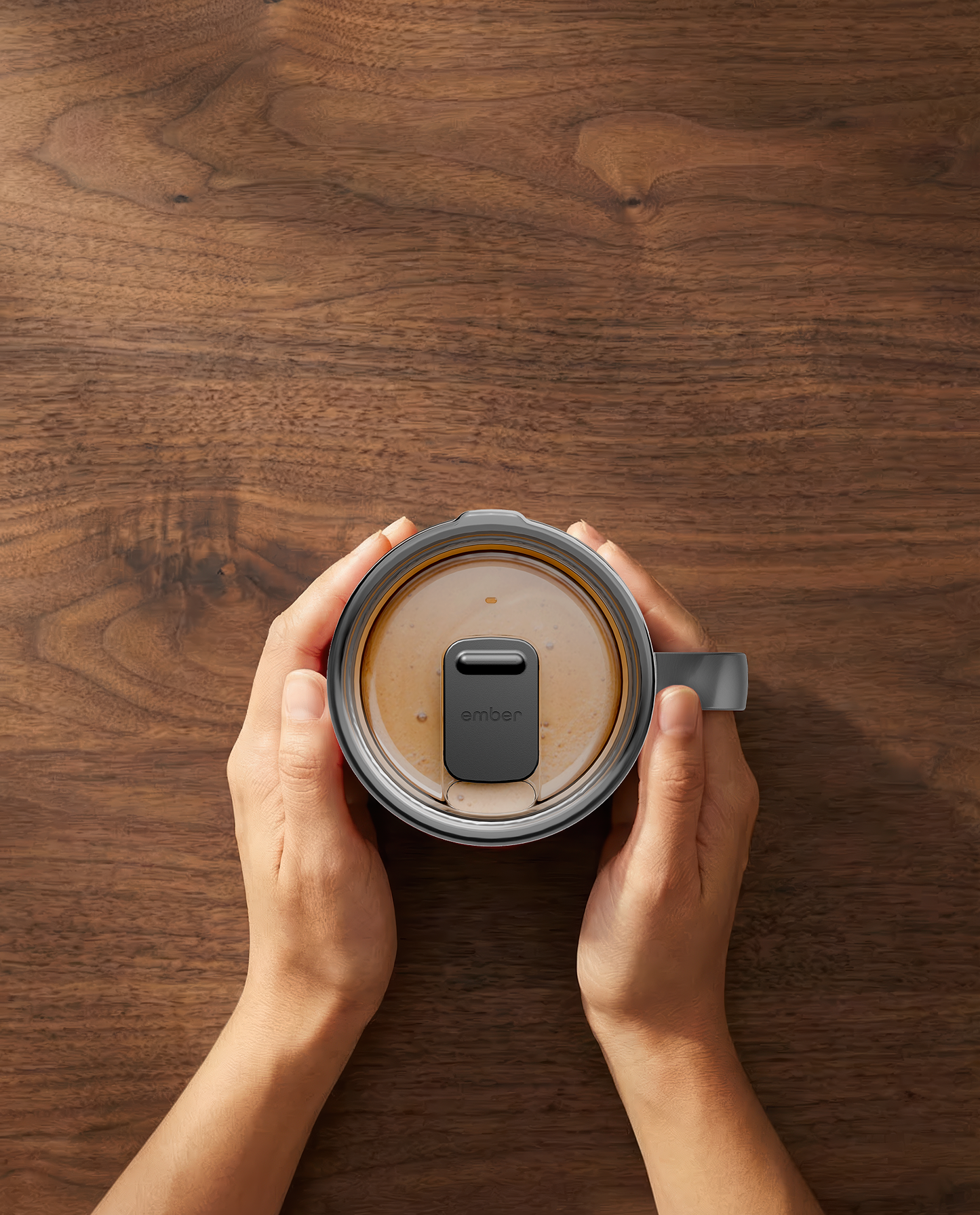 Ember Mug 3 in Stainless Steel Edition, 14 oz, top-down with coffee
