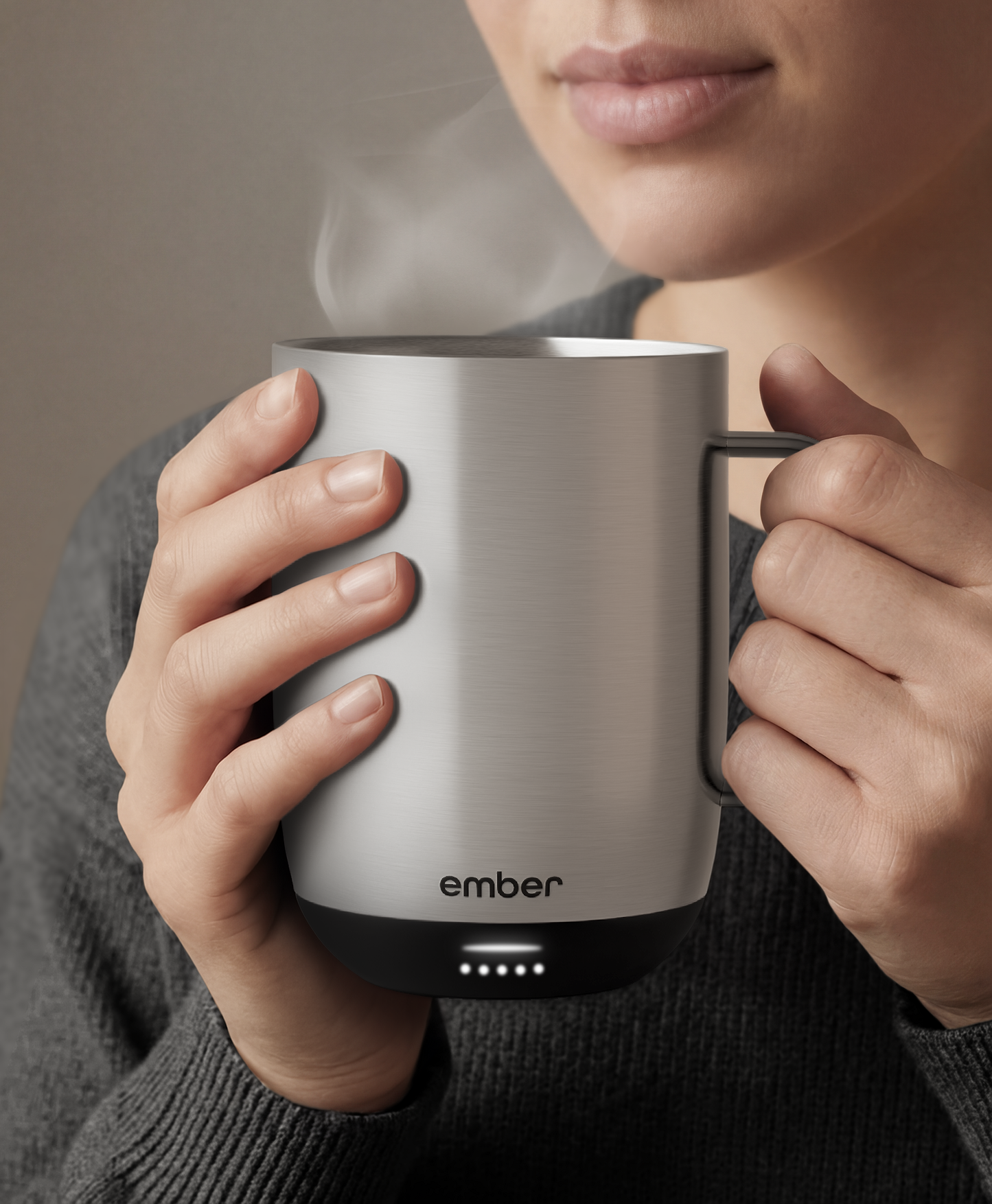 Ember Mug 3 in Stainless Steel Edition, 14 oz, held in hands