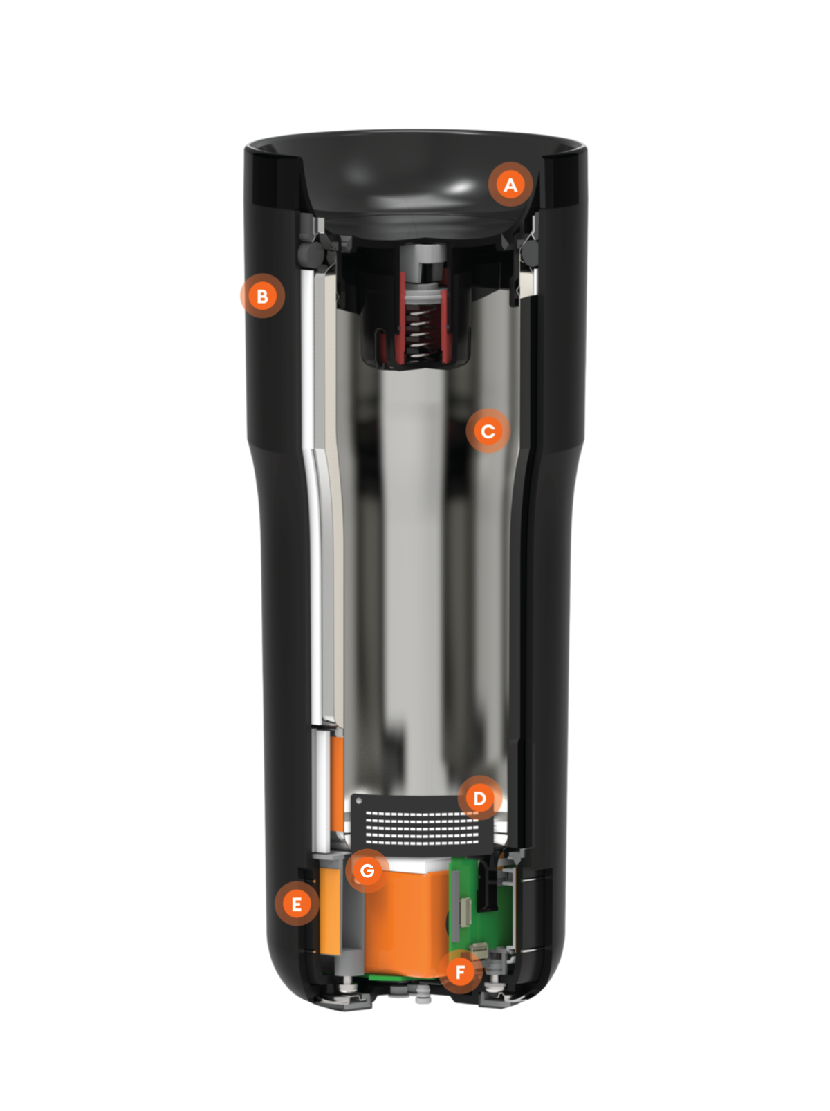 Cutaway of the Ember Travel Mug² showcasing the advanced technology of the internal components