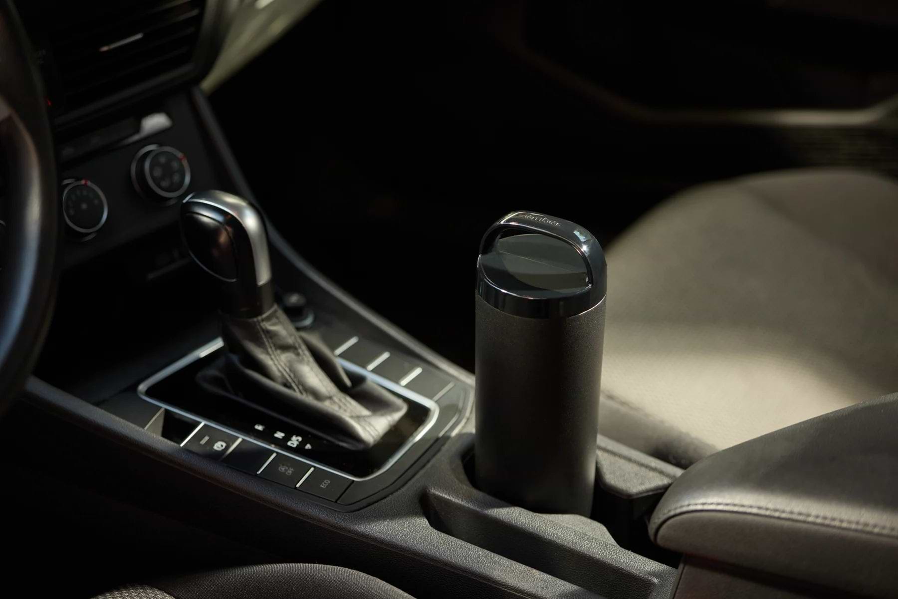 Black Tumbler 2 in a car cupholder