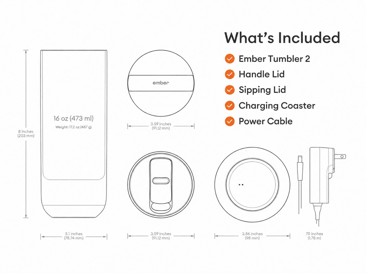 What’s included: Ember Tumbler 2, handle lid, sipping lid, charging coaster, and power cable, with dimensions