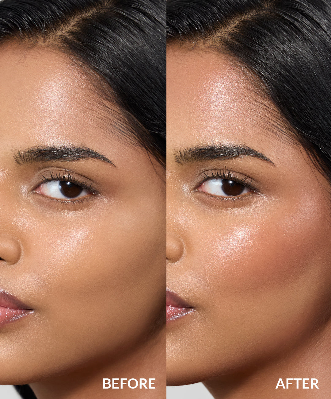 before and after of model wearing REFY cream bronzer in shade ONYX