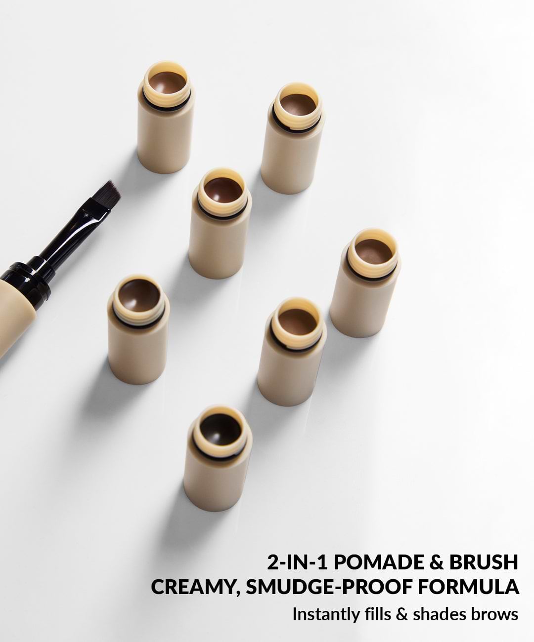 Image shows the REFY brow pomade in 7 colours with its 2 in 1 brush on a white background