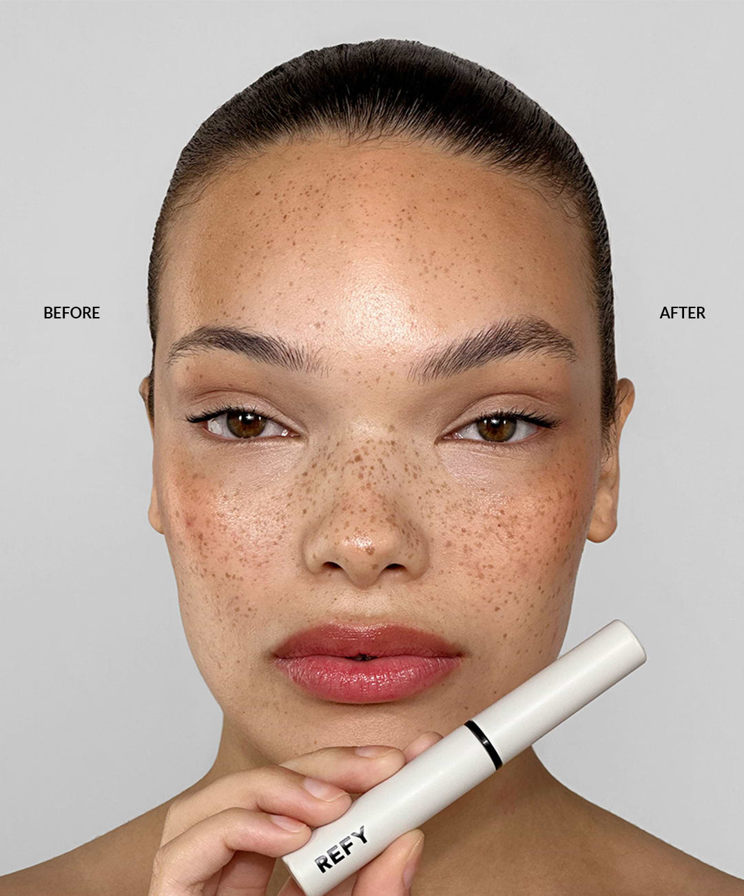 before and after image of model using REFY Brow Sculpt clear brow gel