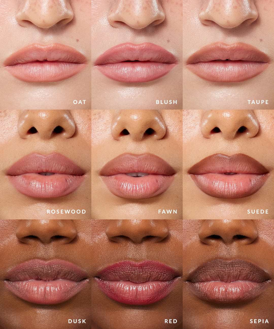 image of the 9 REFY lip liner shades on three different models