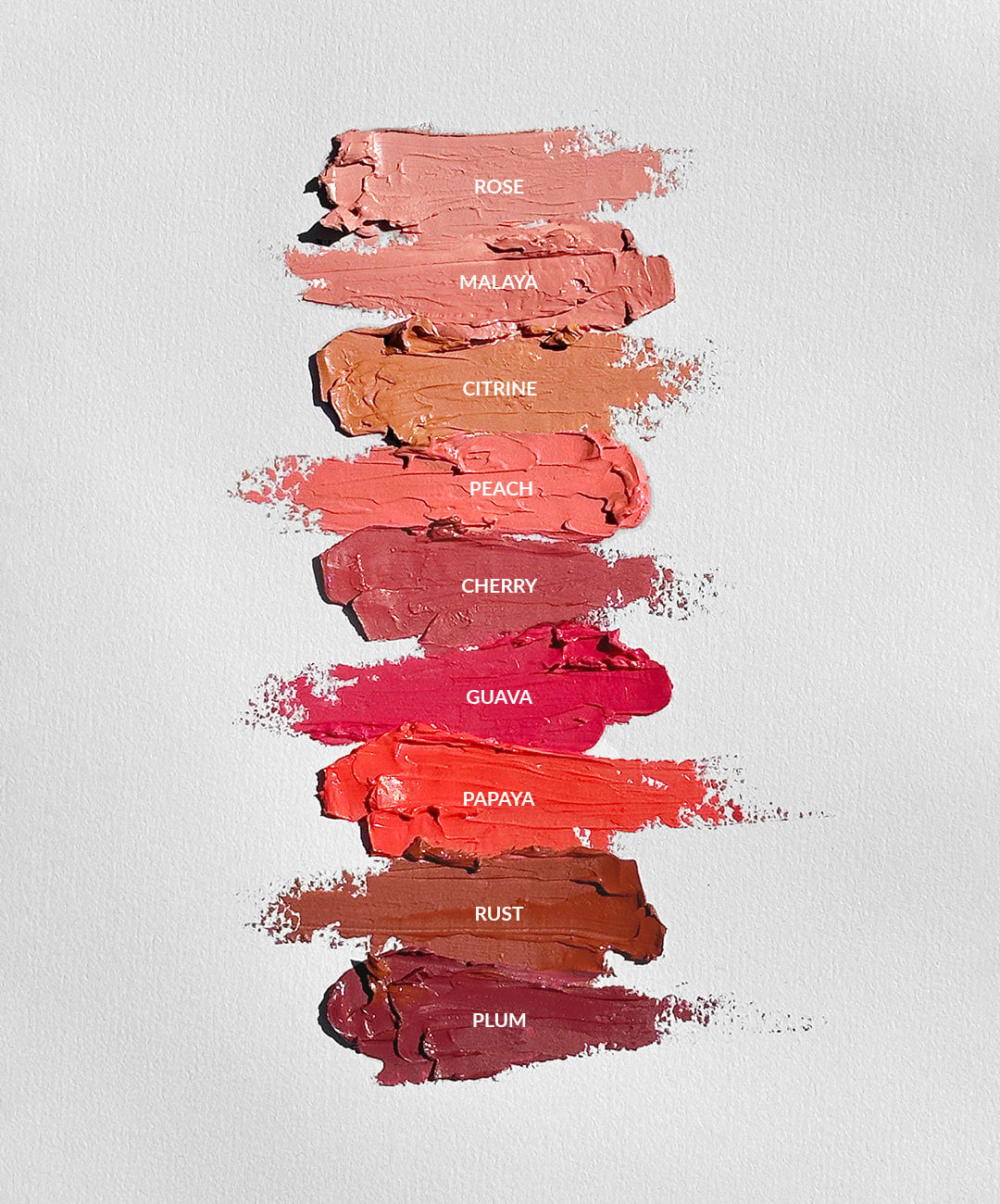 9 swatches of different shades of the REFY cream blush
