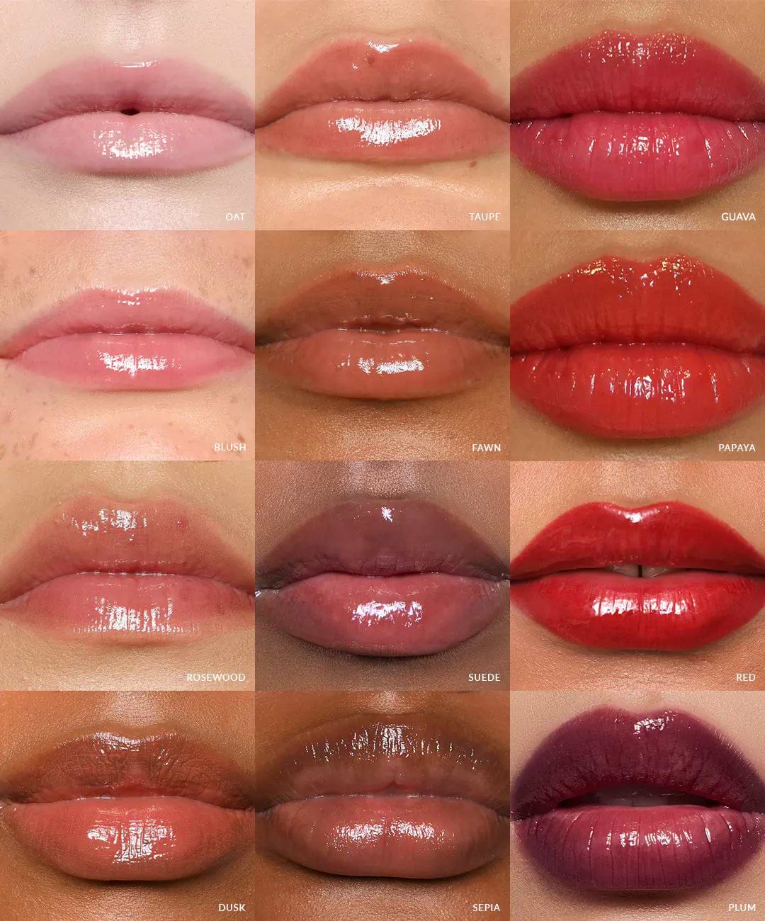 grid filled with images of 12 REFY lip gloss shades on different models