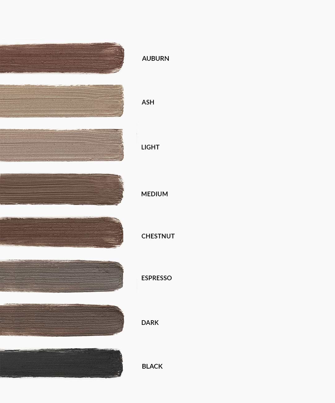image shows the REFY brow pomade in 8 colours including auburn, ash, light, medium, chestnut, espresso, dark and black
