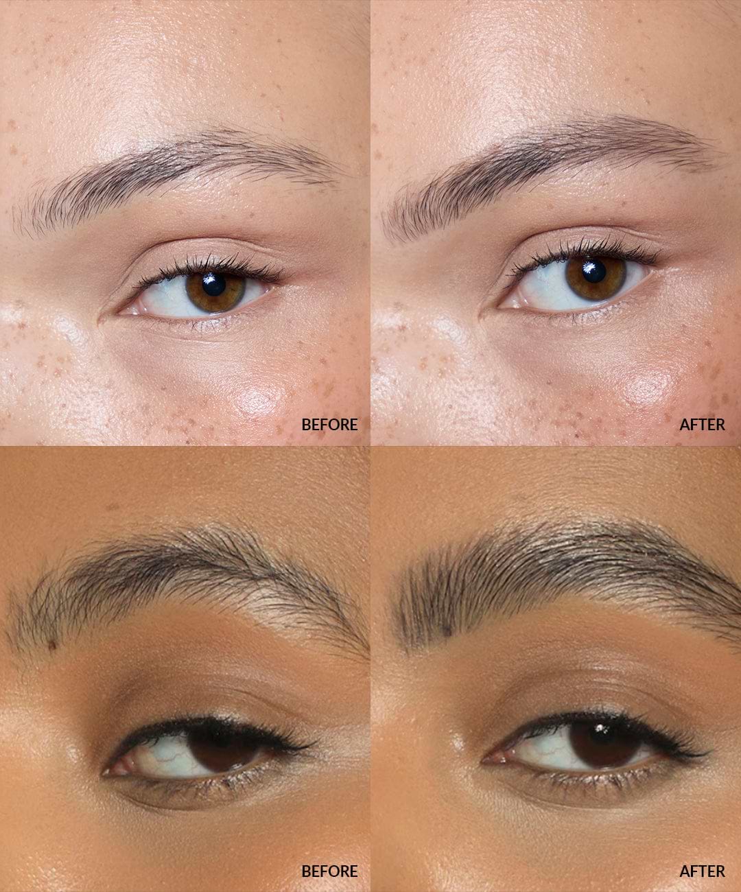 Image shows two before and after photos of models using the Refy Brow pencil
