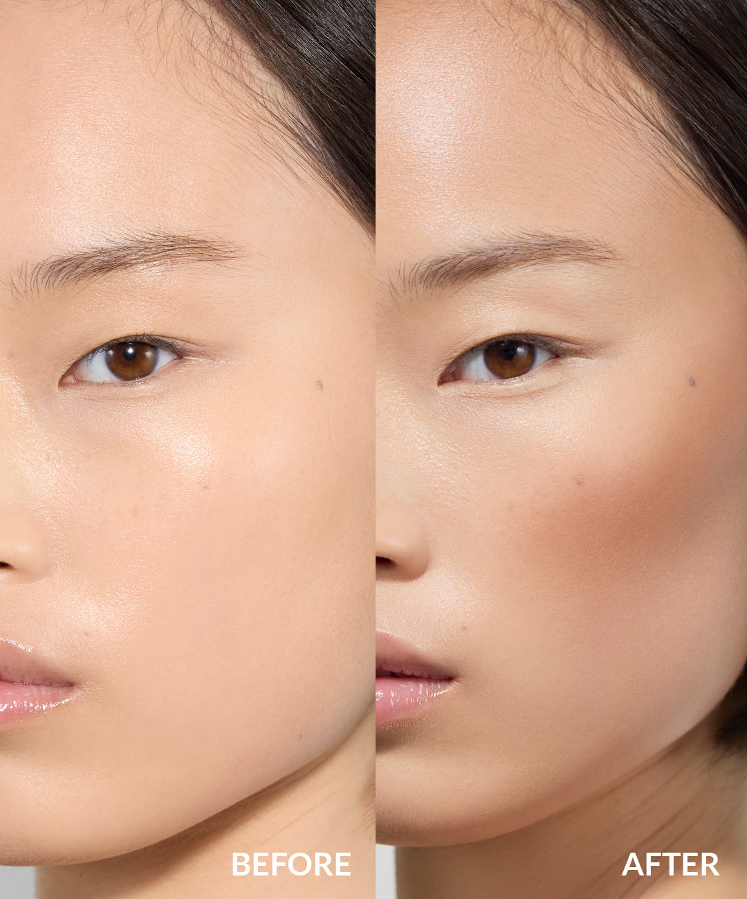 Before and after image of REFY cream bronzer on model in shade dune
