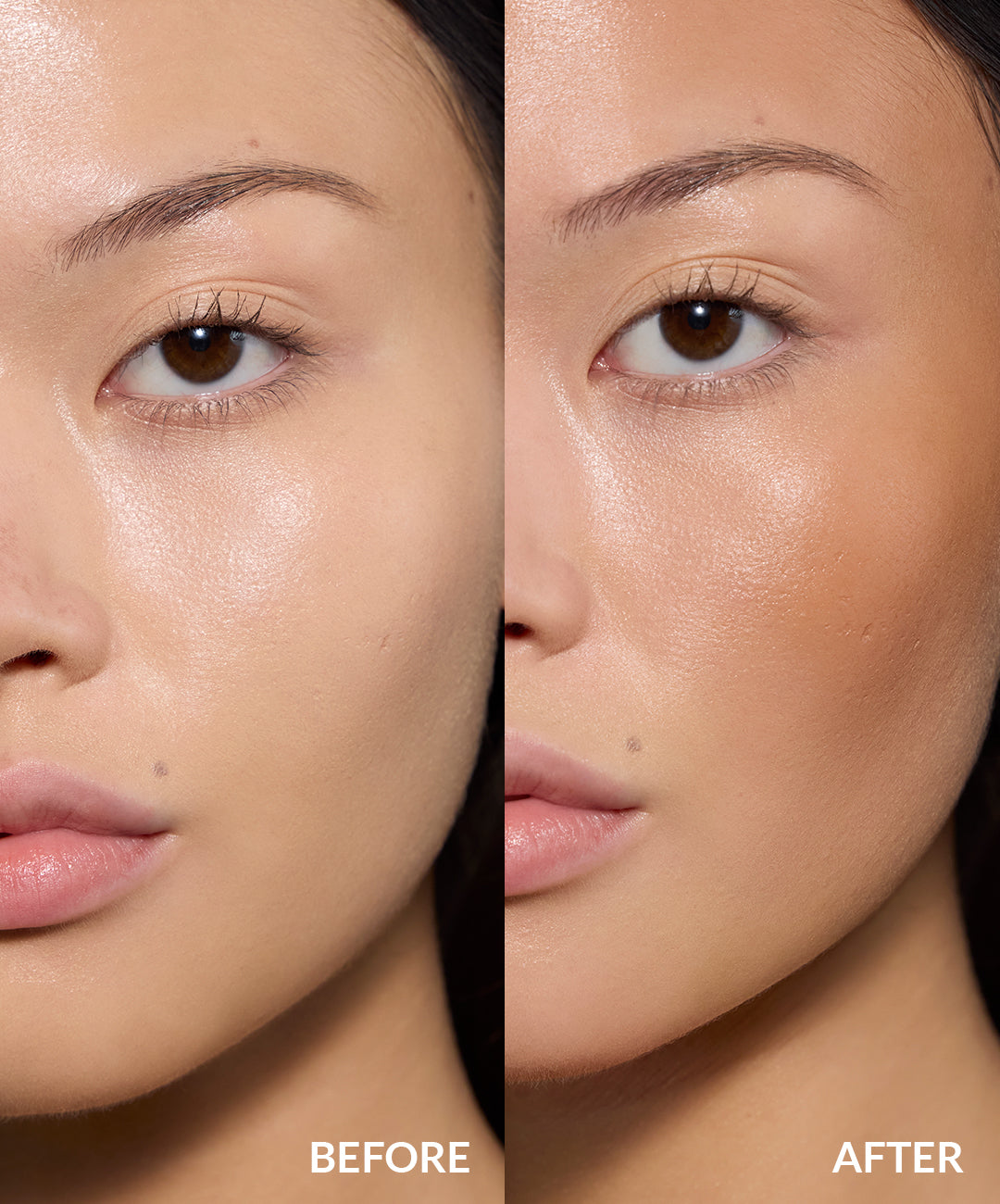 Before and after image of REFY cream bronzer on model in shade oak
