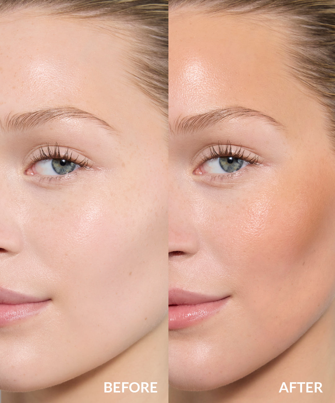 Before and after image of REFY cream bronzer on model in shade sand
