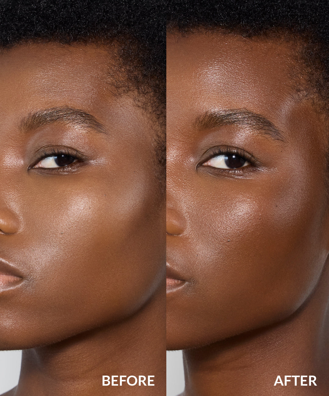 Before and after image of REFY cream bronzer on model in shade cedar
