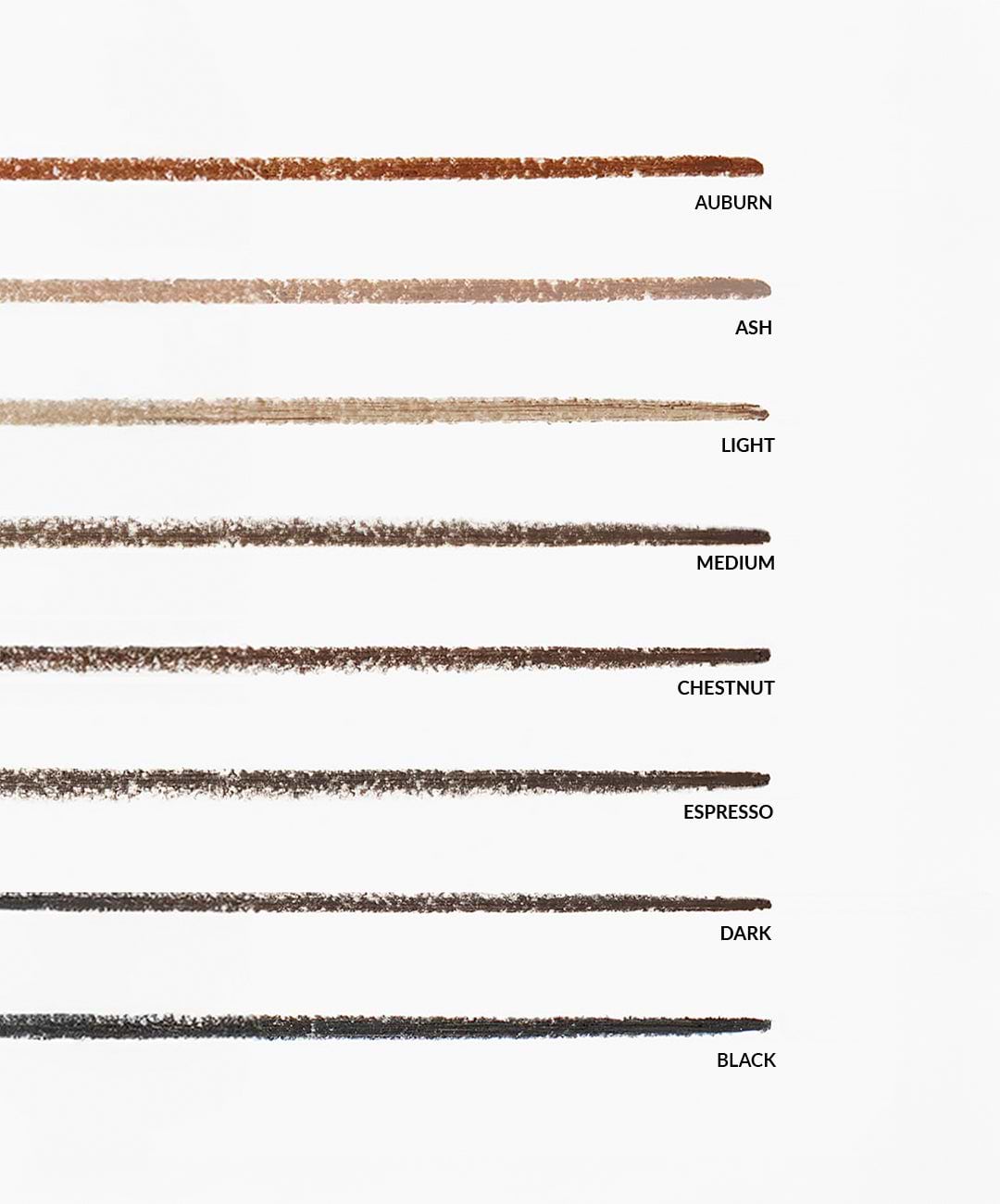 Image shows 8 different shades of the Refy brow pencil in Auburn, ash, light, medium, chestnut, espresso, dark and black