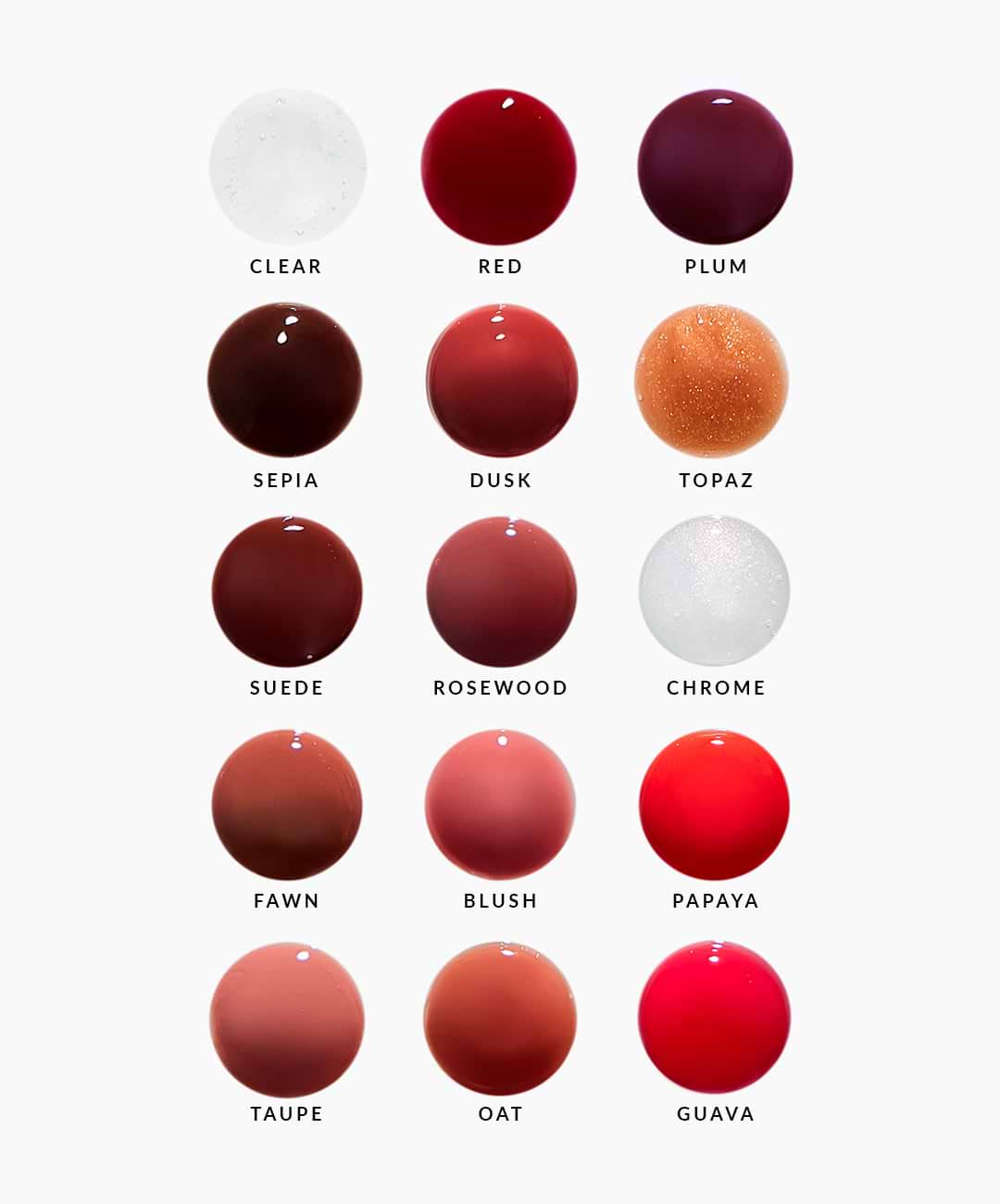 REFY Beauty lip gloss shade swatches in 15 different colors on a white background.