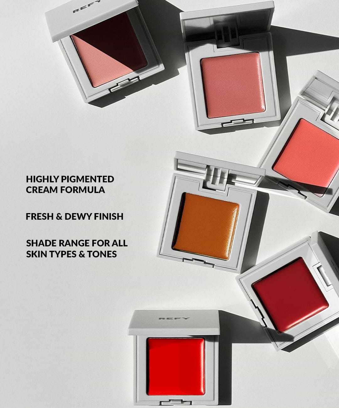 image shows the REFY cream blush in 6 shades with its highly pigmented formula and dewy finish