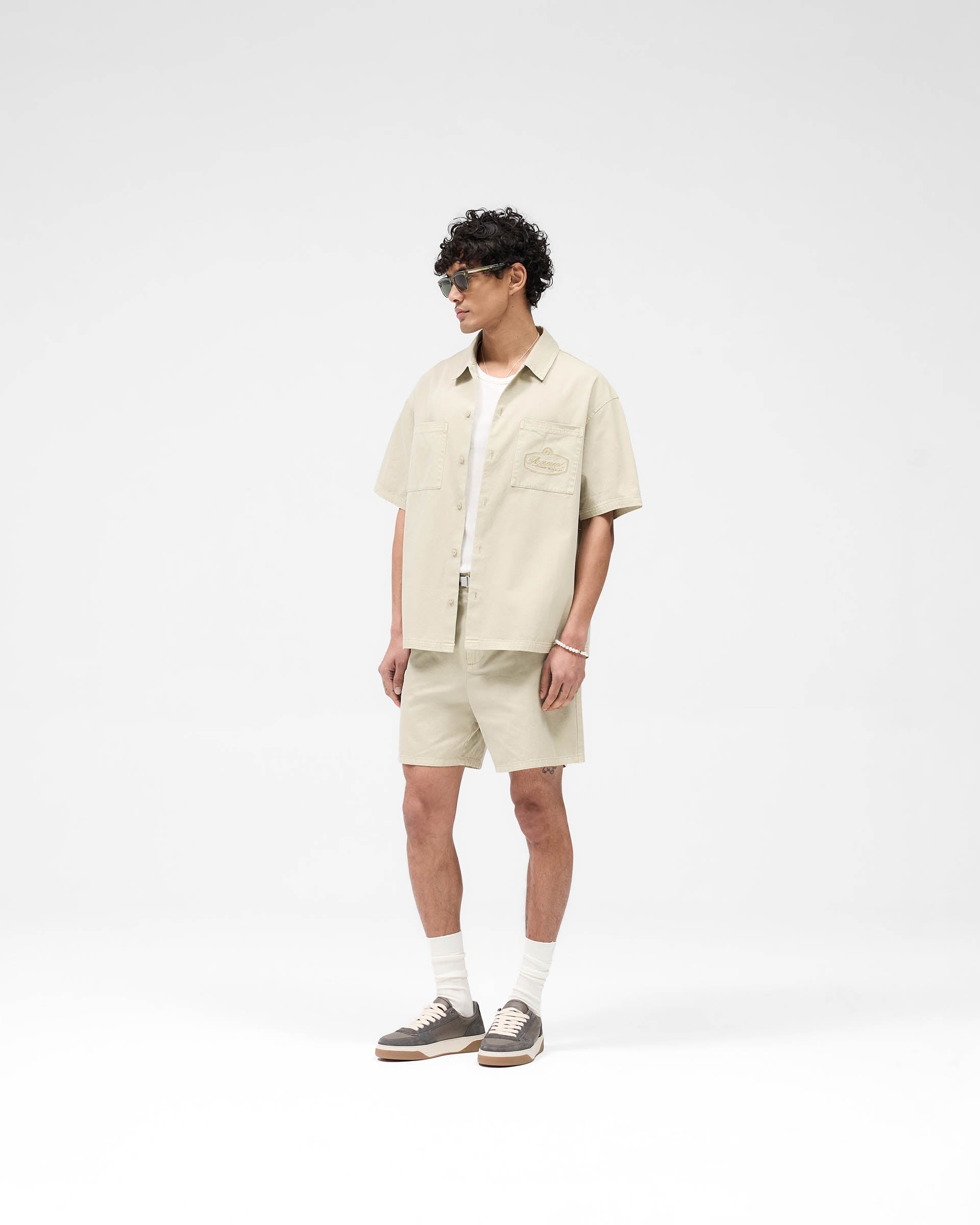 Short Sleeve Cotton Overshirt - Beige