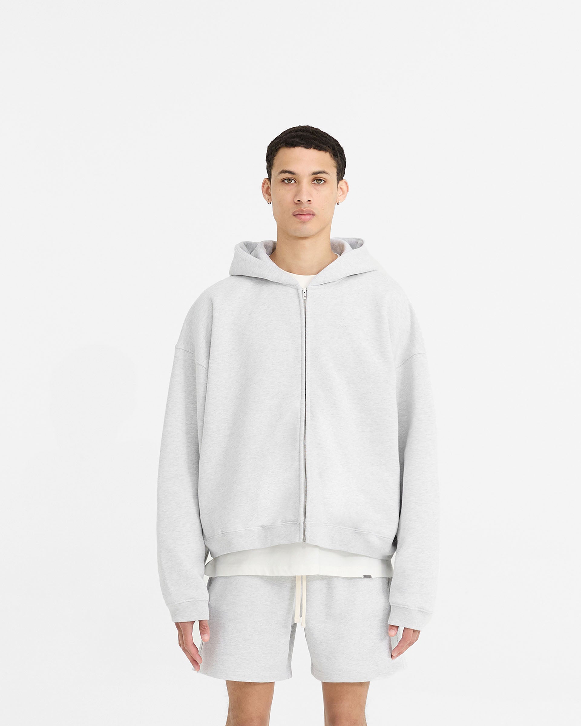 Initial Boxy Zip Through Hoodie - Ice Grey Marl