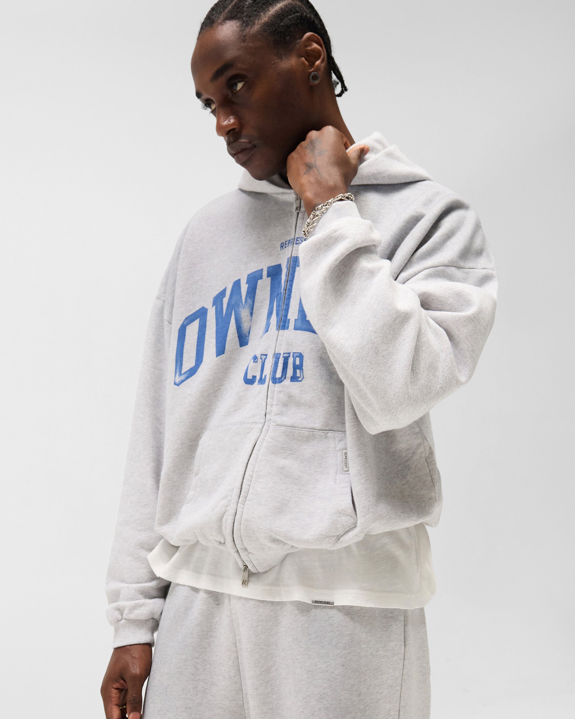Represent Owners Club Zip Through Hoodie - Sprayed Ice Grey Marl