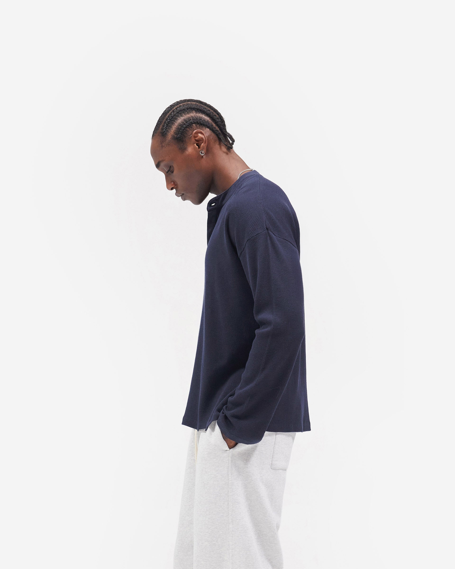 Initial Henley Waffle Long Sleeve T-Shirt - Midnight Navy