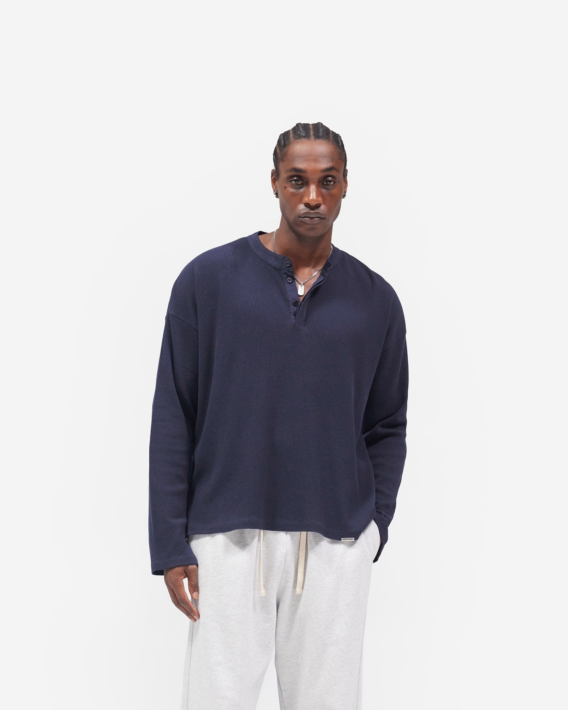 Initial Henley Waffle Long Sleeve T-Shirt - Midnight Navy