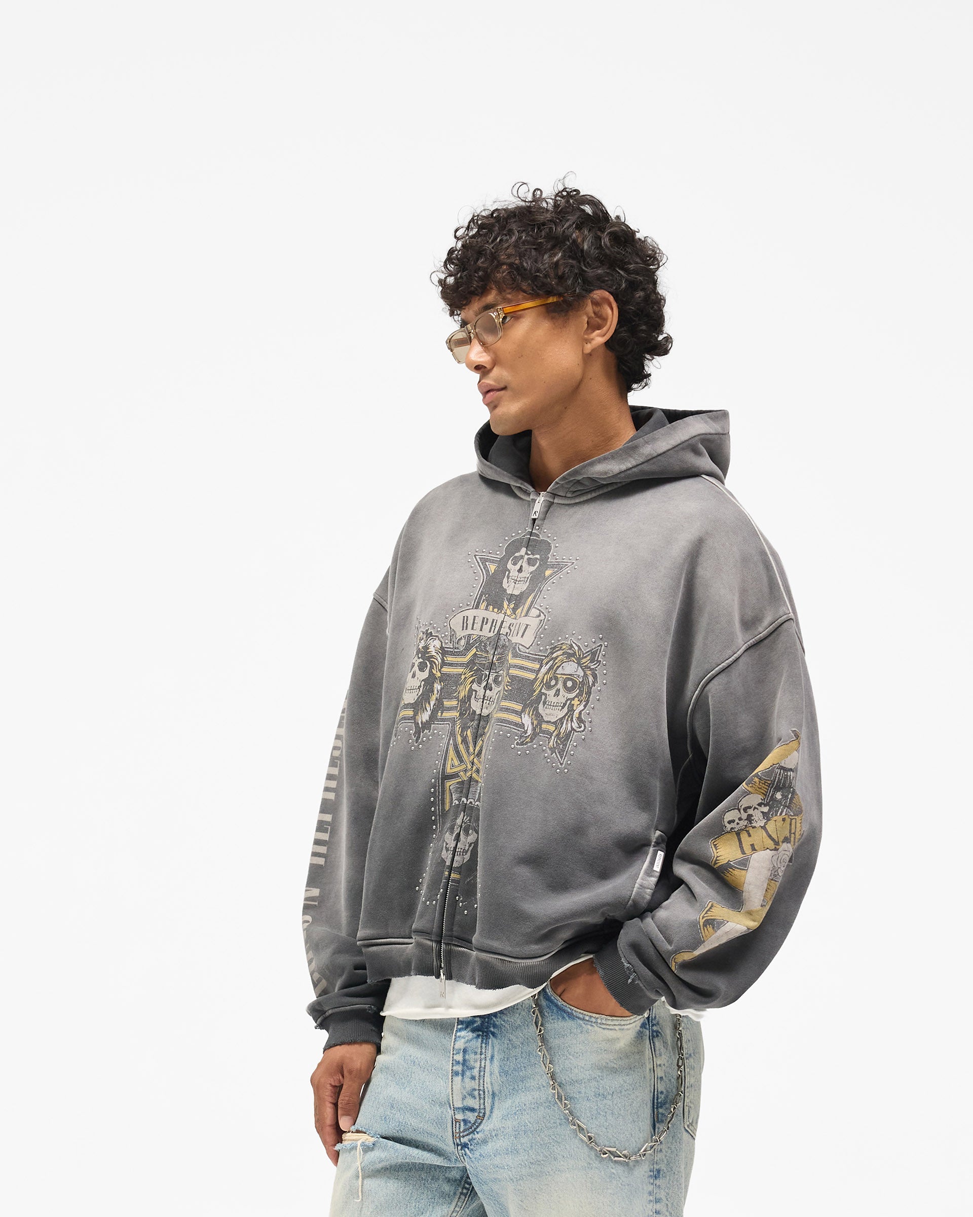 Represent X Guns N' Roses Cross Zip Through Hoodie - Stained Black