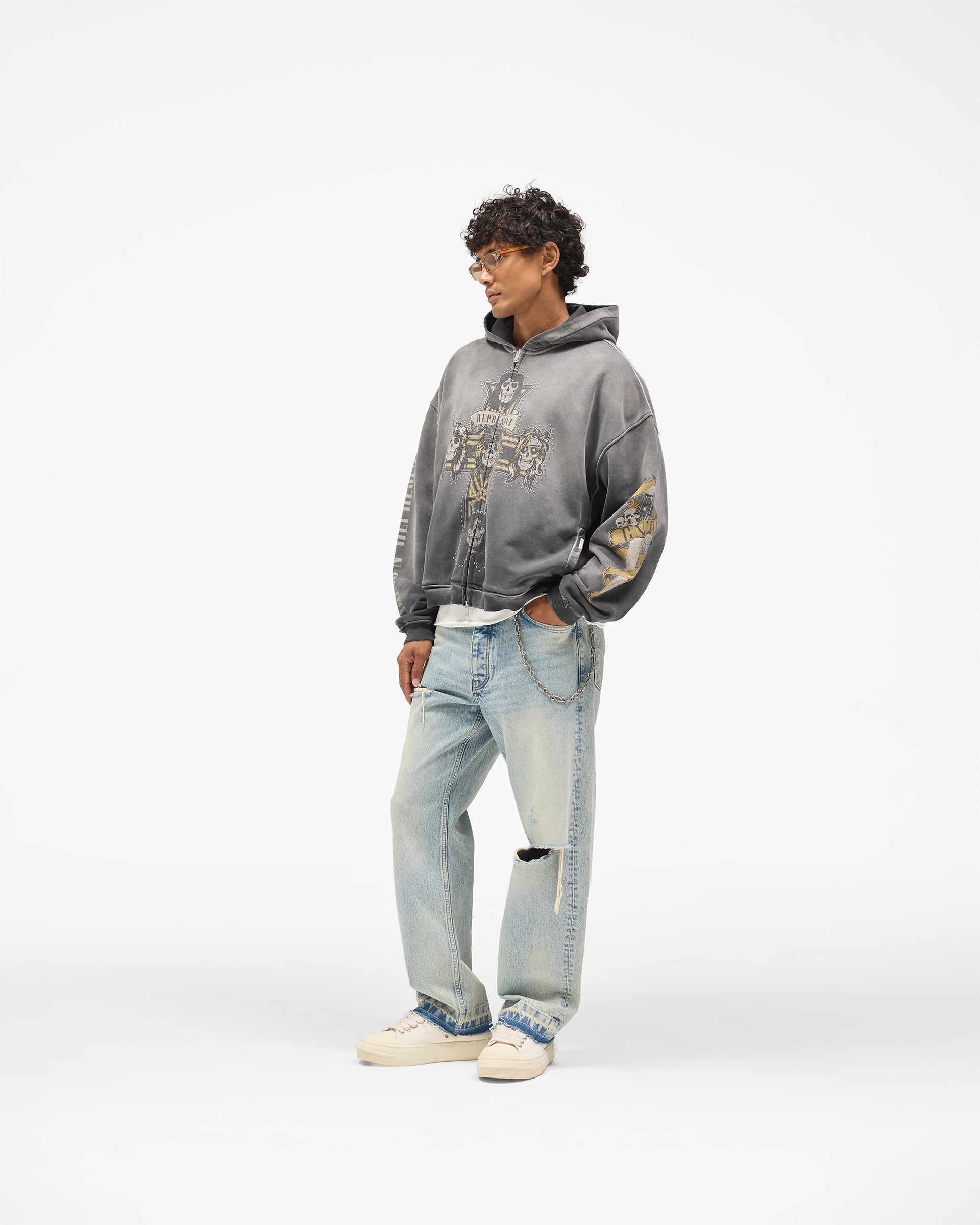 Represent X Guns N' Roses Cross Zip Through Hoodie - Stained Black
