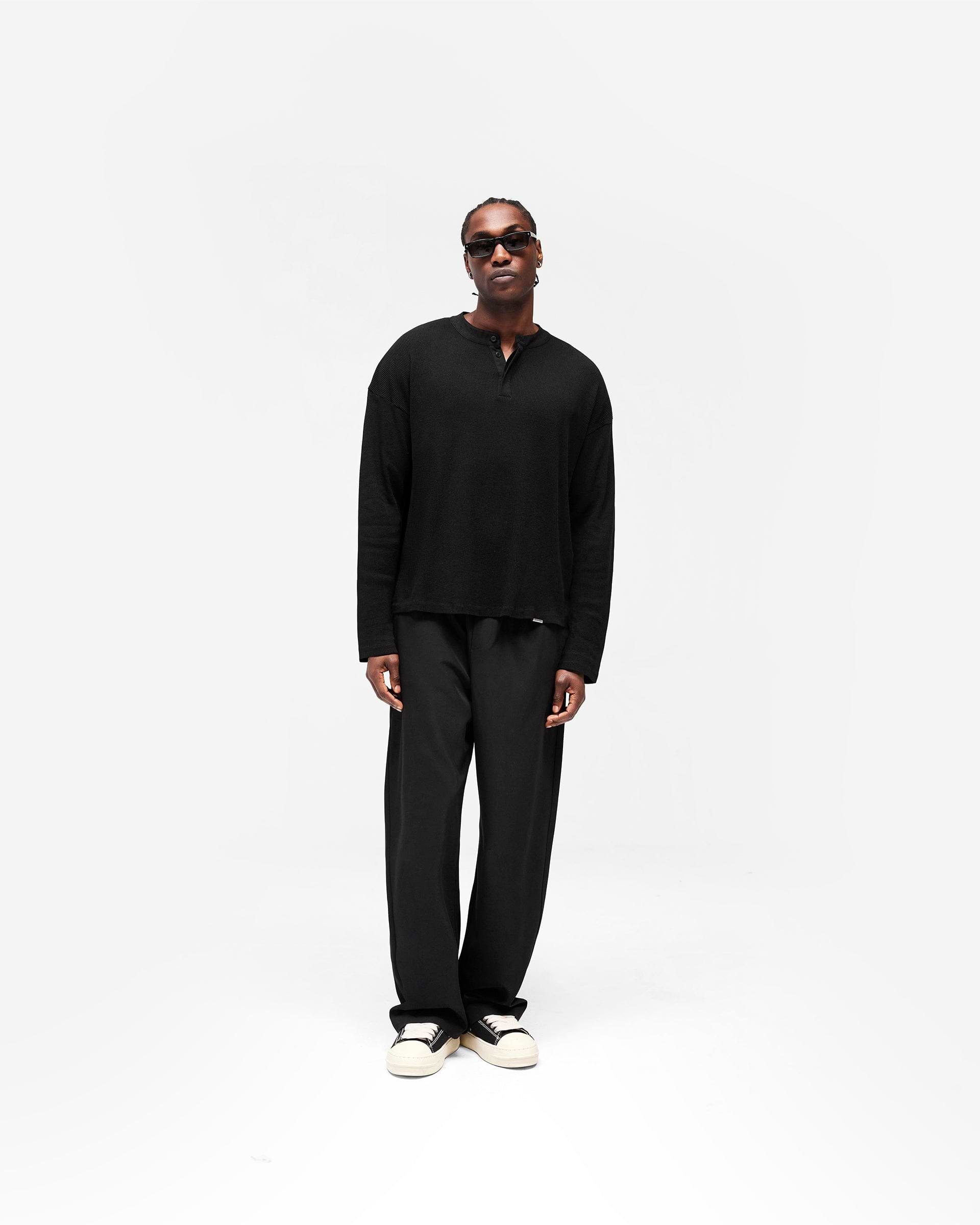 Initial Henley Waffle Long Sleeve T-Shirt - Jet Black
