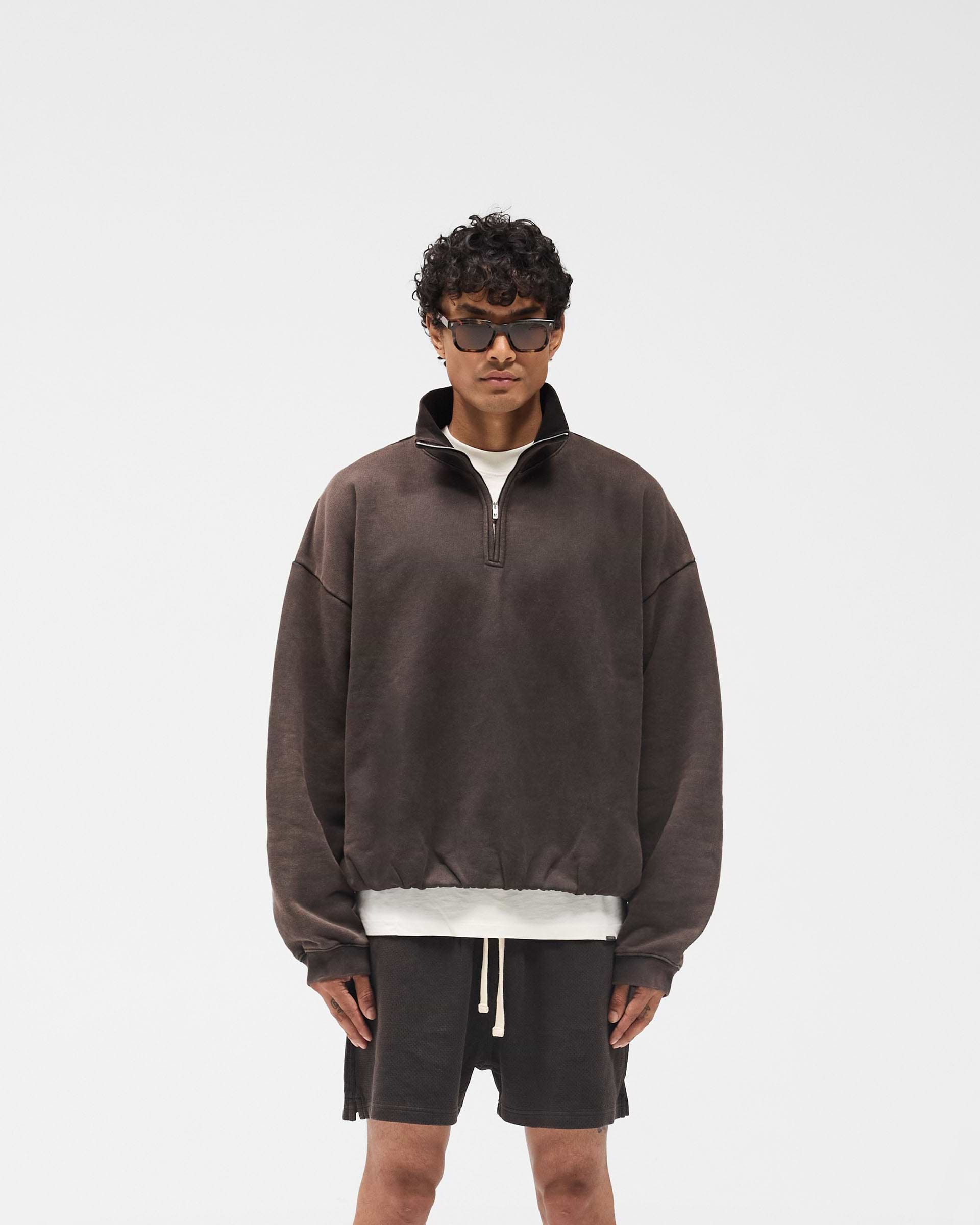 Initial Funnel Neck Quarter Zip Sweatshirt - Coffee
