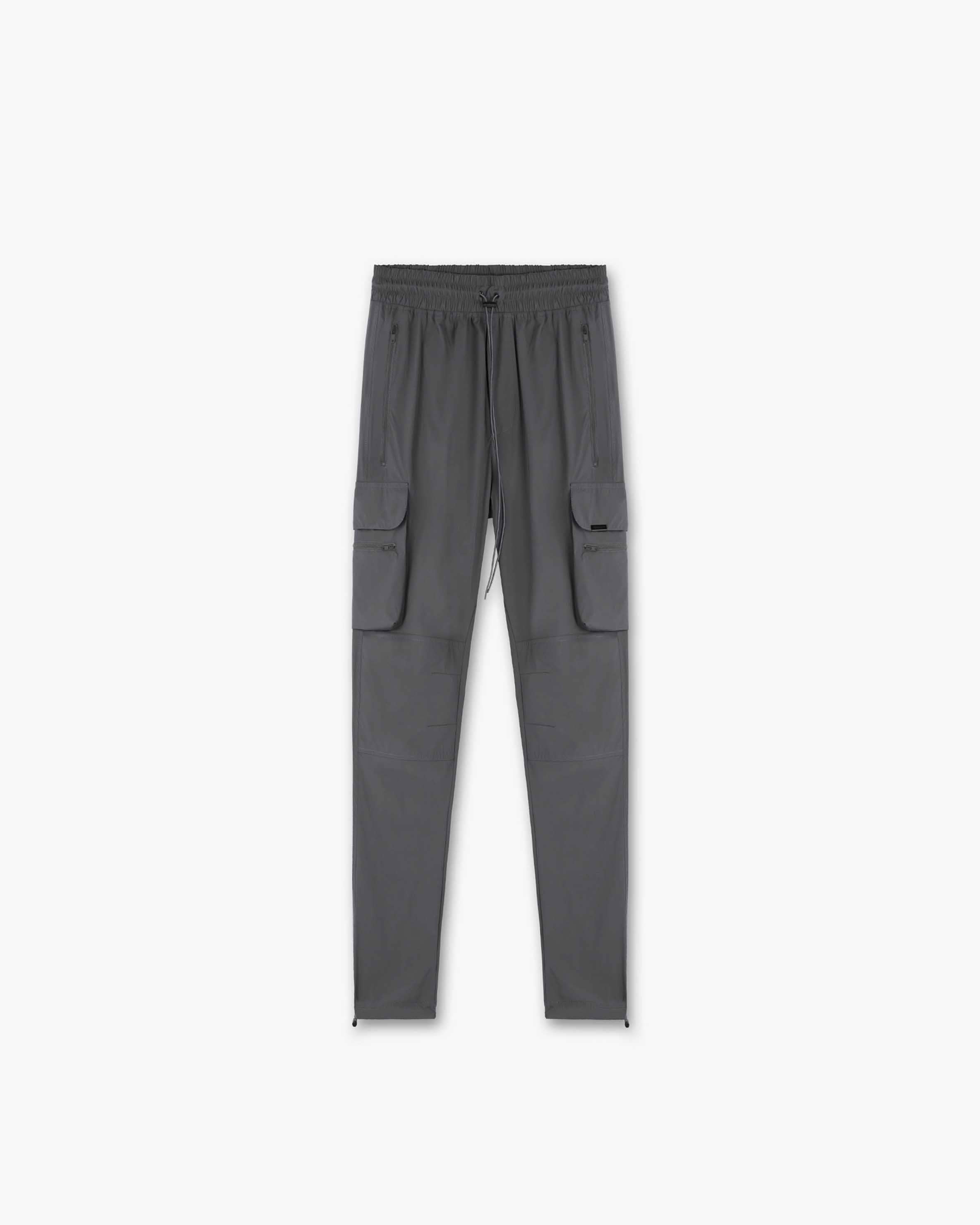 Front product image of a mens grey pant on a plain white background | 247 Pant in Grey | Lightweight nylon pants with elasticated cuffs | 247 Pants | Represent Clo
