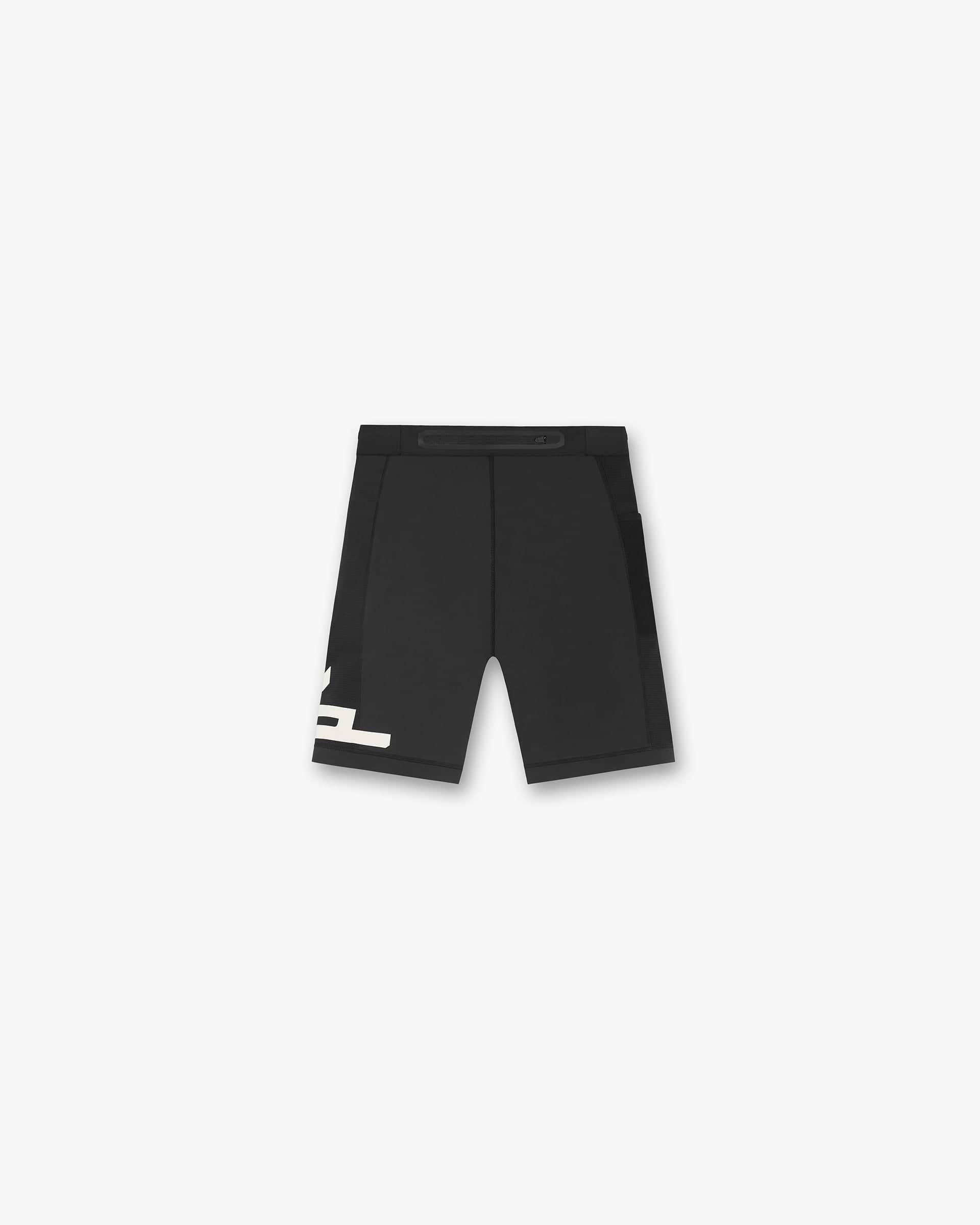 Back product image of mens black cargo half tights on a plain white background | 247 Cargo Half Tight in Jet Black | Shorts with stretch ripstop side panelling and silicone leg grips | 247 Shorts | Represent Clo