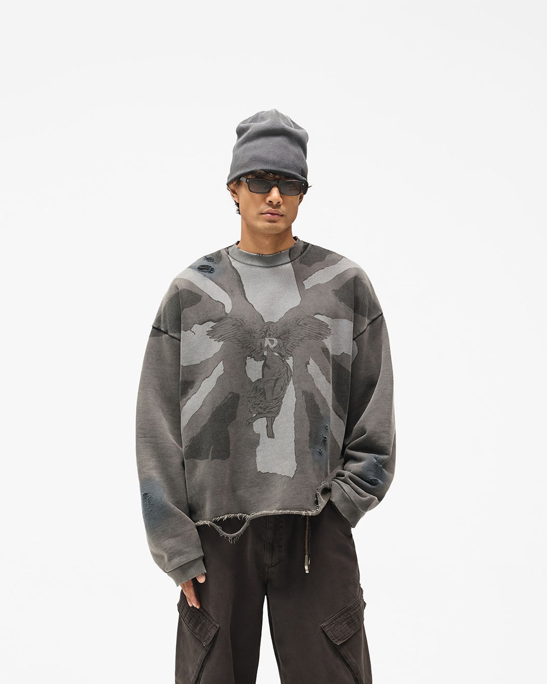 Flag Sweat - Vintage Black - Cropped Model - Front