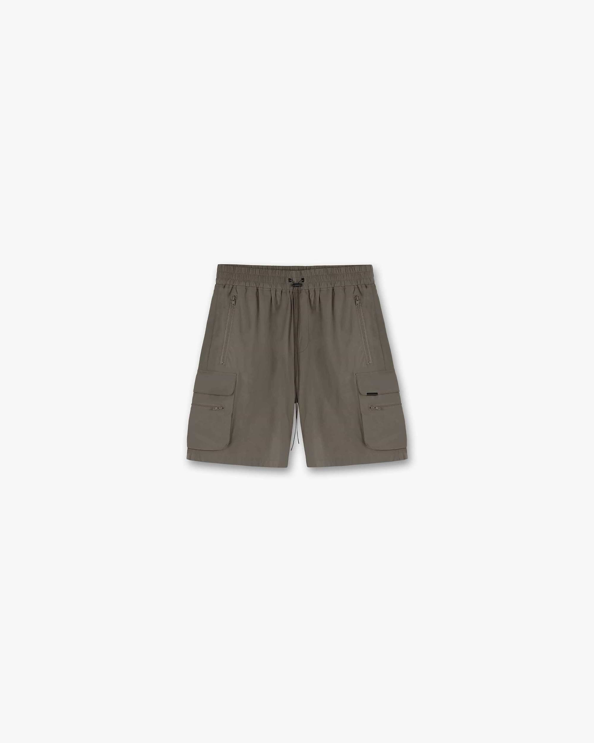 Front product image of mens olive shorts on a plain white background | 247 Shorts in Olive | Cargo shorts with adjustable waistband and RiRi zippers | 247 Shorts | Represent Clo