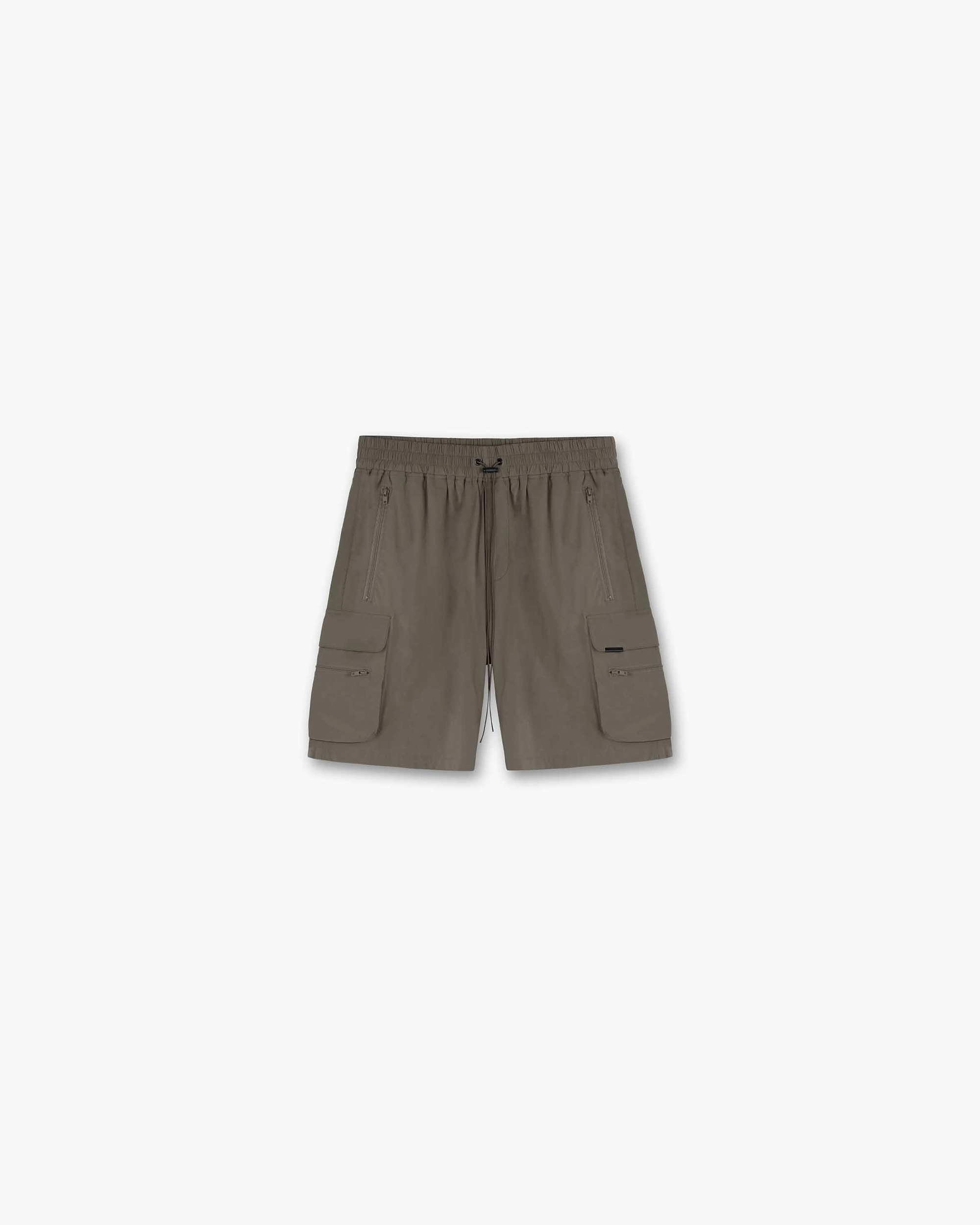 Front product image of mens olive shorts on a plain white background | 247 Shorts in Olive | Cargo shorts with adjustable waistband and RiRi zippers | 247 Shorts | Represent Clo
