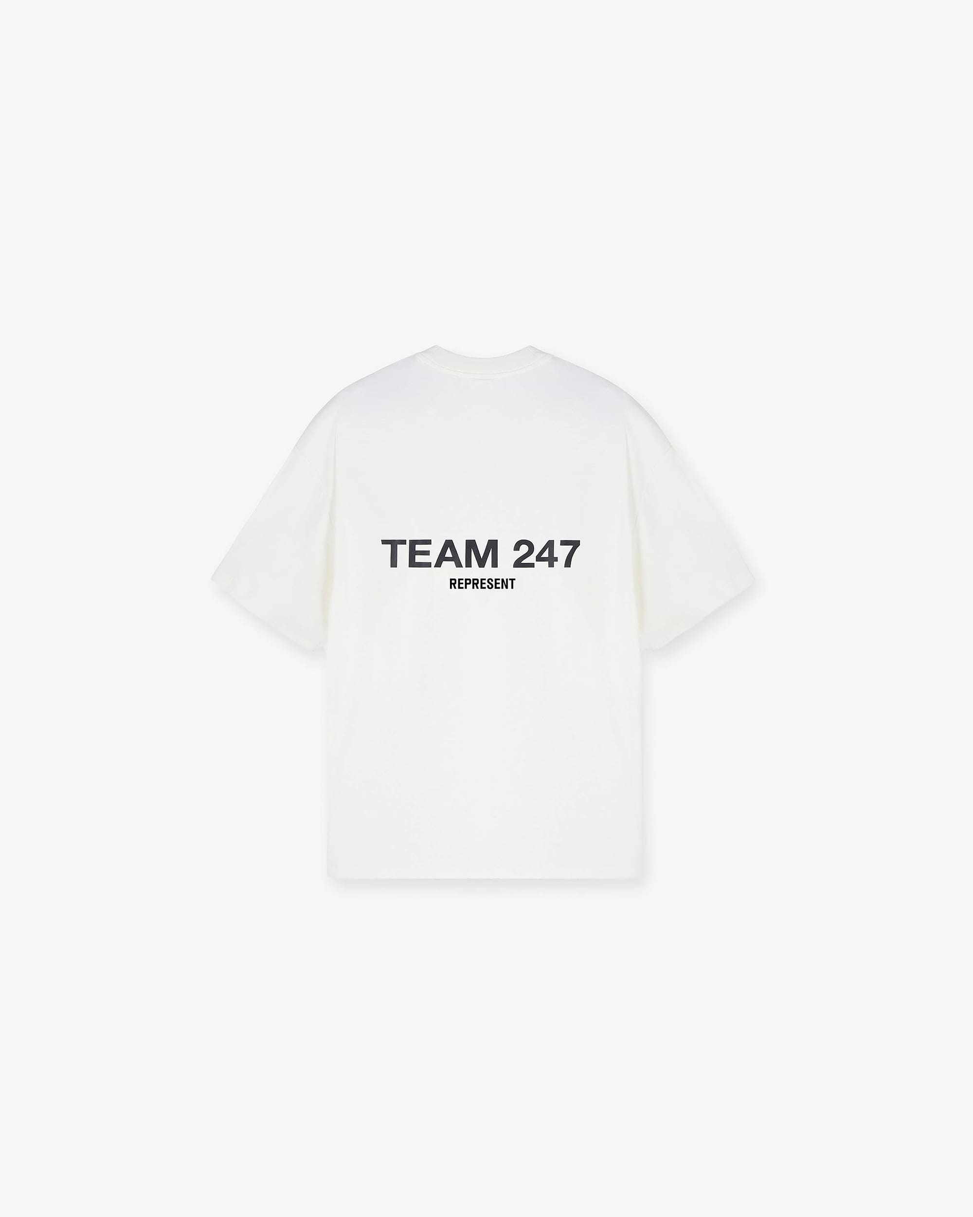Back product image of a mens white oversized t-shirt on a plain white background | Team 247 Oversized T-Shirt in Flat White | Oversized 4-way stretch t-shirt with quick dry lightweight fabric | 247 T-Shirts | Represent Clo