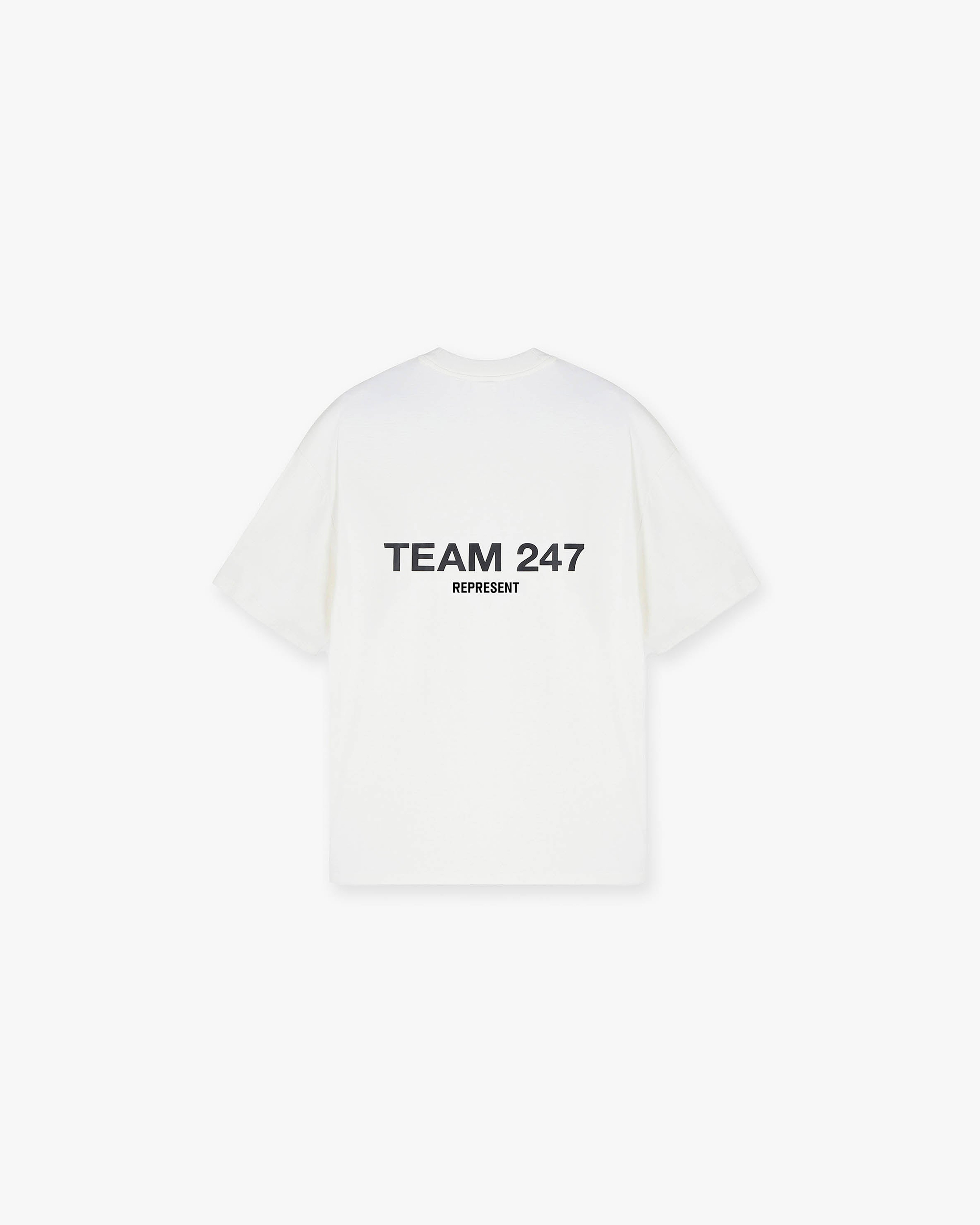 Back product image of a mens white oversized t-shirt on a plain white background | Team 247 Oversized T-Shirt in Flat White | Oversized 4-way stretch t-shirt with quick dry lightweight fabric | 247 T-Shirts | Represent Clo