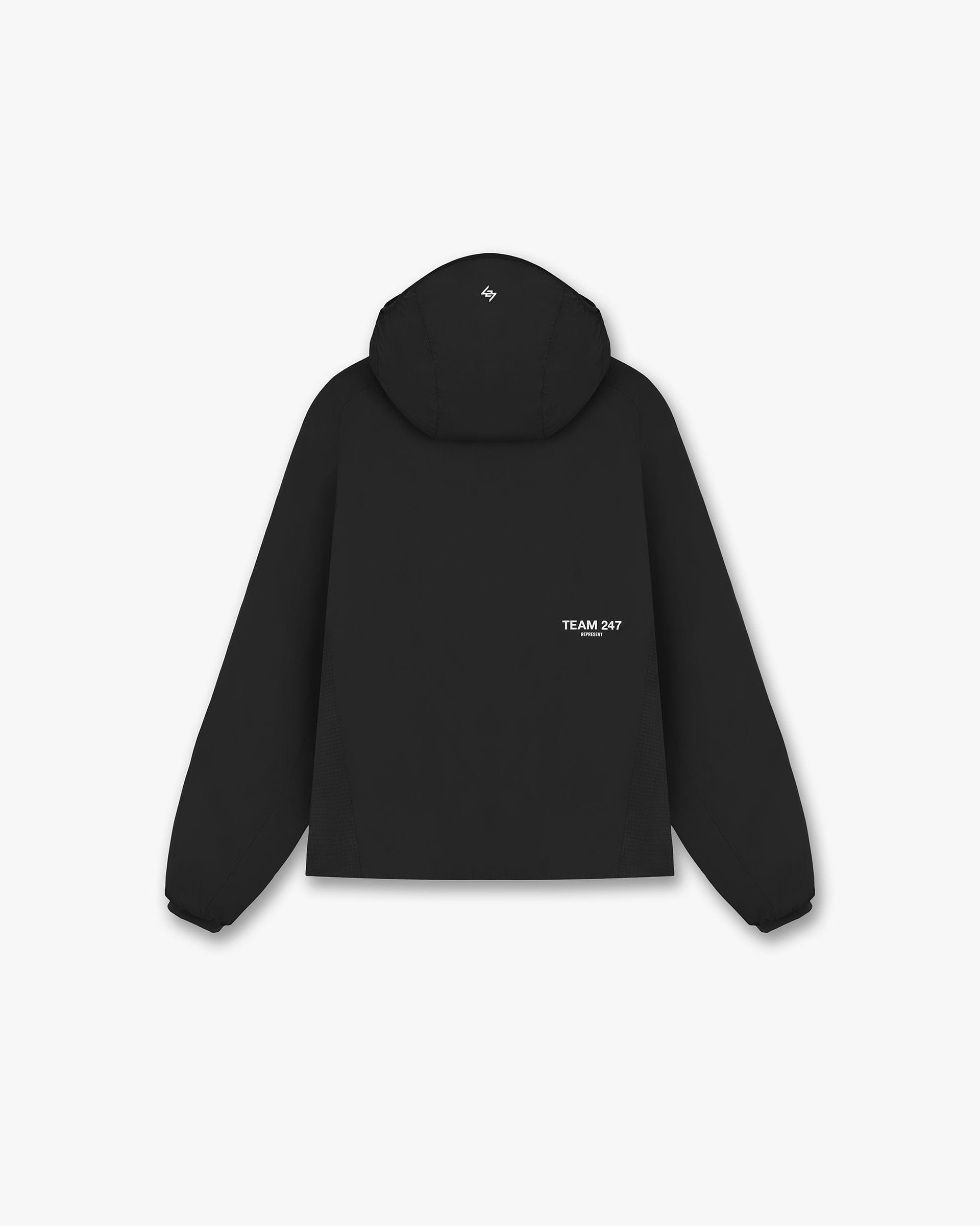 Back product image of a mens black insulated jacket on a plain white background | Team 247 Insulated Jacket in Black | Nylon outerwear with light wadding and adjustable features | 247 Outerwear | Represent Clo