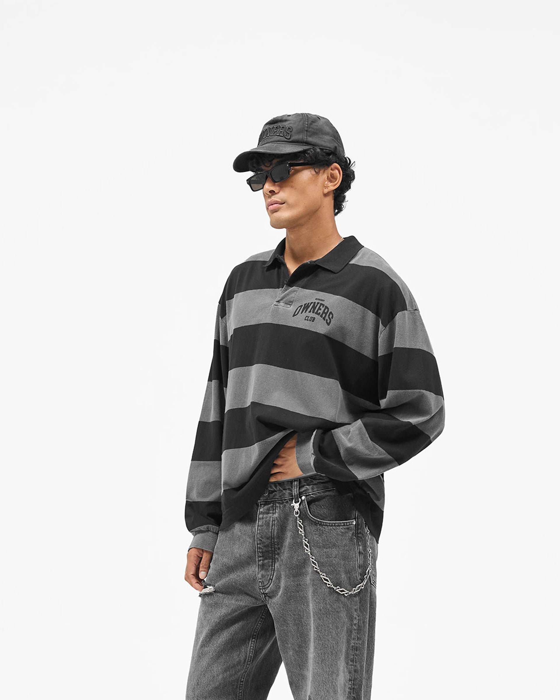 Represent Owners Club Rugby Stripe Top - Weathered Black