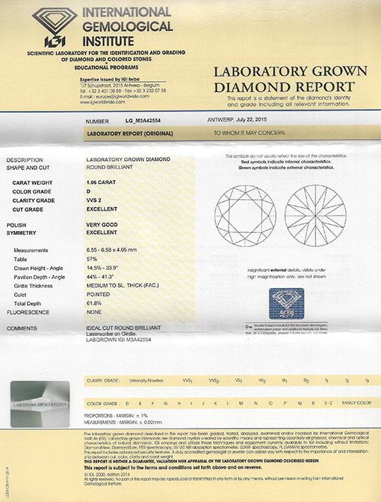 Lab created diamond grading report