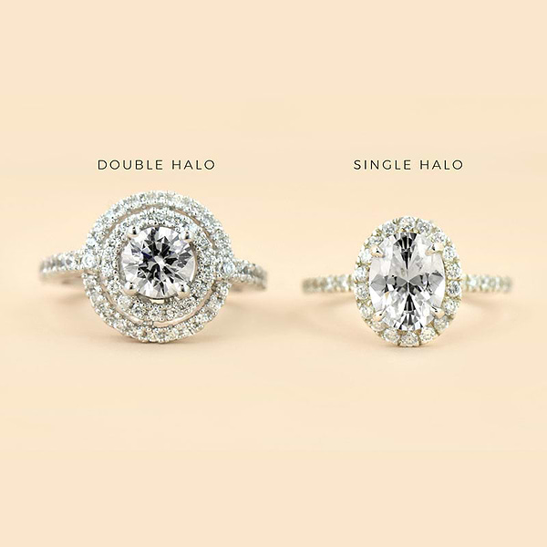Anatomy of a Ring showing two rings: one with a double halo of accented diamonds and another with a single halo